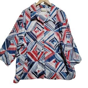 Alfred Dunner Womens Top Semi Sheer Geometric Mod Americana Button Front Size24W